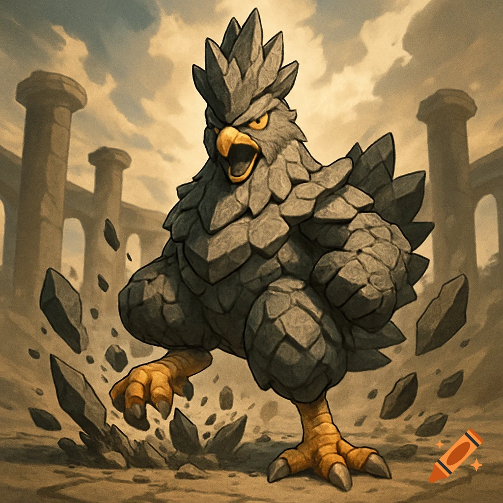 A powerful, stylized stone rooster-like creature strides through ancient ruins with rocks breaking around its feet, mouth open.