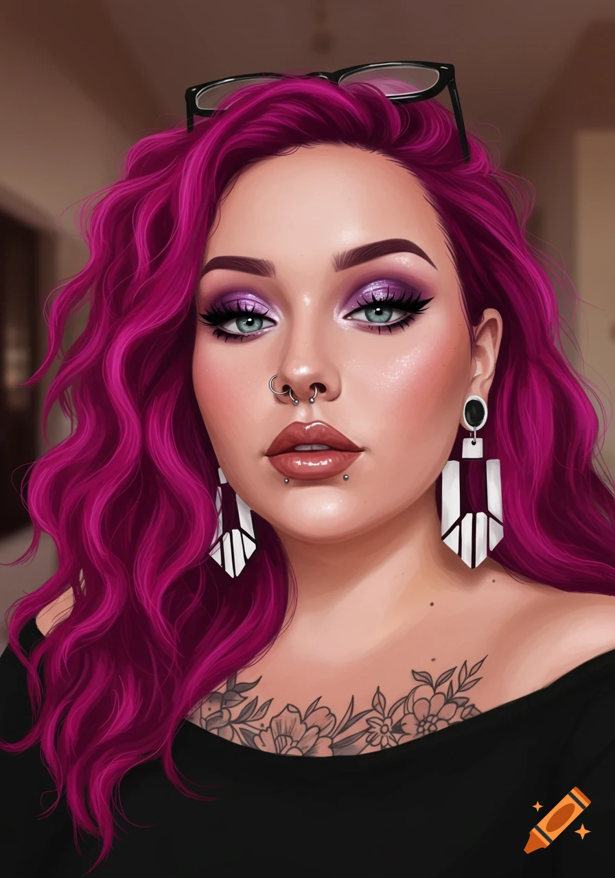 A digital painting of a woman with vibrant magenta hair, purple eyeshadow, piercings, and a floral chest tattoo.