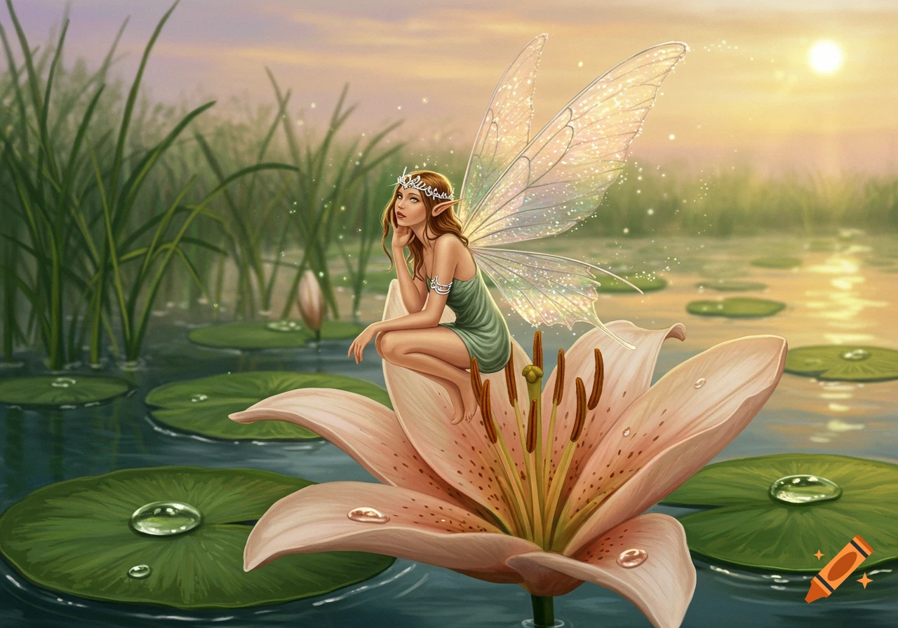 A fairy in a green dress and tiara crouches on a pink lily in a pond, surrounded by lily pads and reeds, with a glowing sunset.