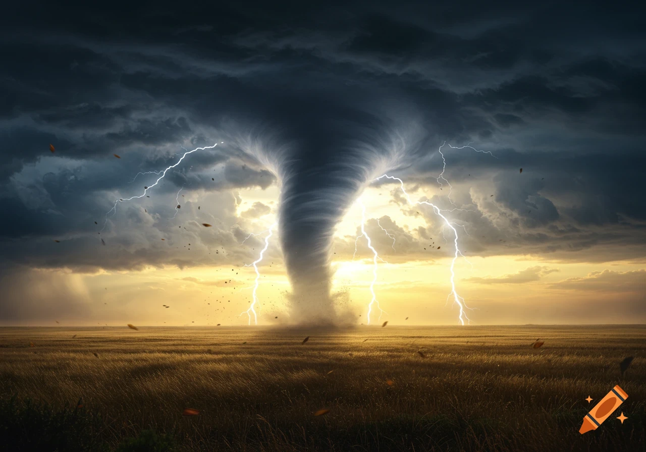 Photorealistic image of a powerful tornado in a golden field under a dark, stormy sky with multiple lightning strikes.