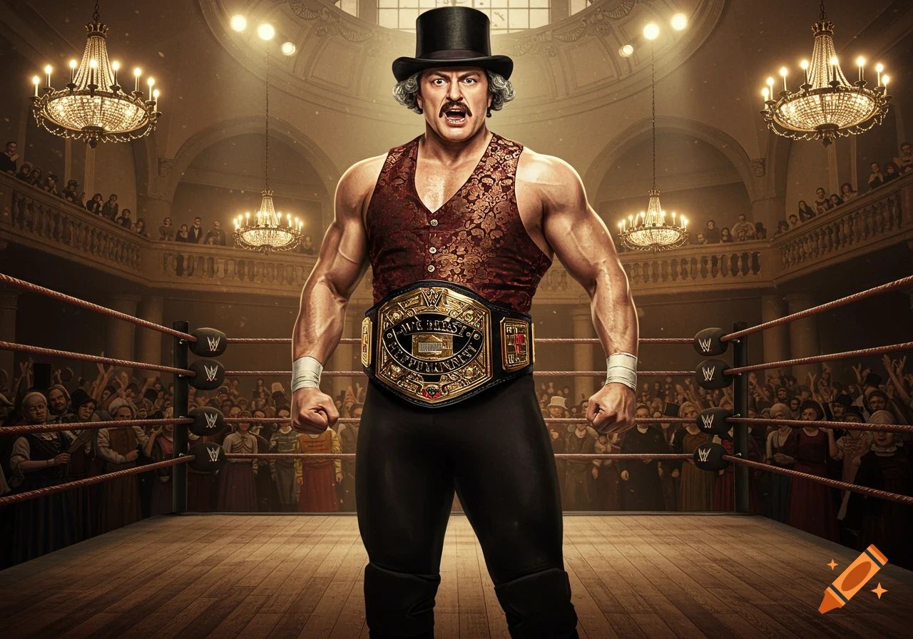 A muscular pro wrestler in a top hat and a patterned vest, wearing a championship belt, stands aggressively in a boxing ring, surrounded by a 19th-century audience.