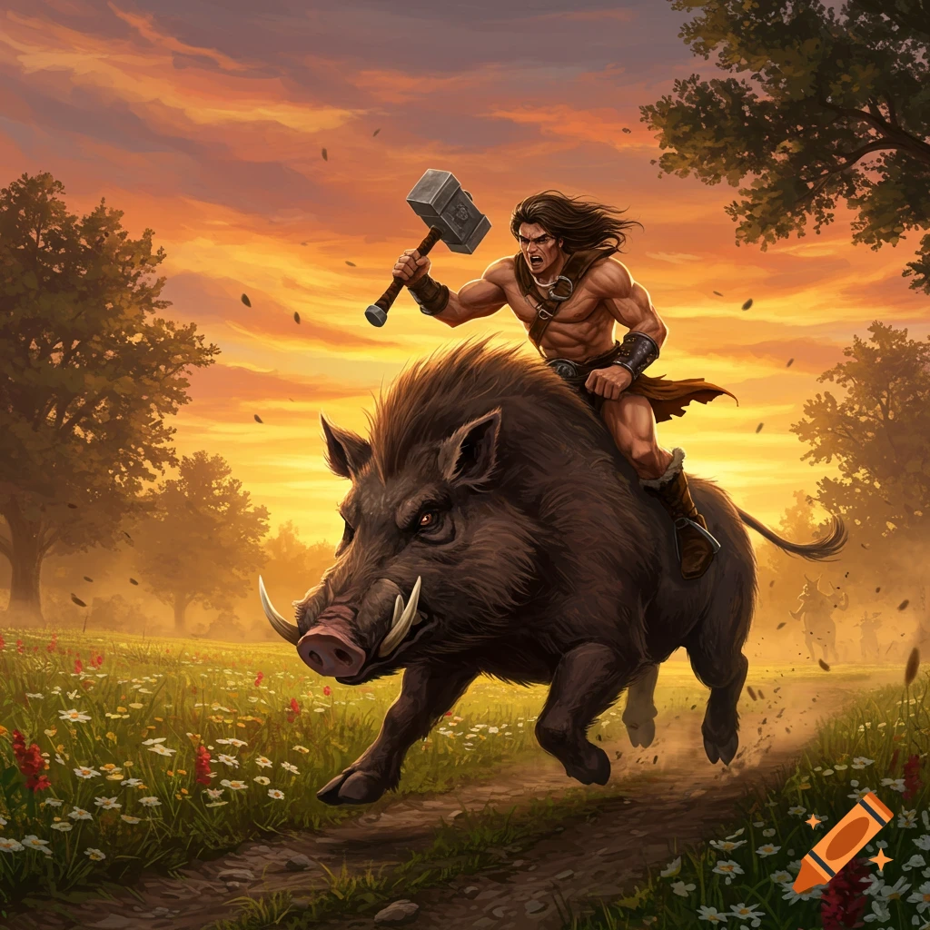 Muscular warrior riding a wild boar at sunset, holding a hammer, in a vibrant fantasy art style.