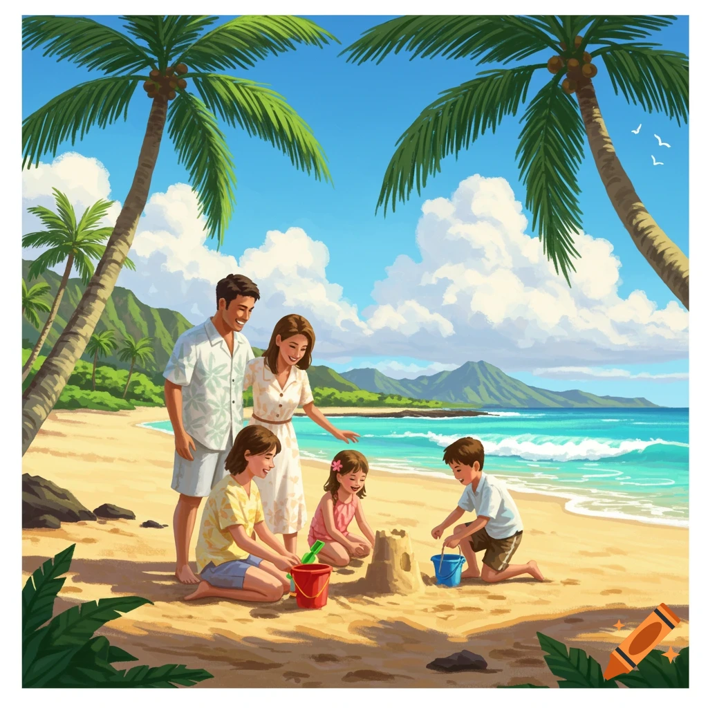A cheerful illustration of a family building sandcastles on a bright Hawaiian beach with palm trees and mountains.