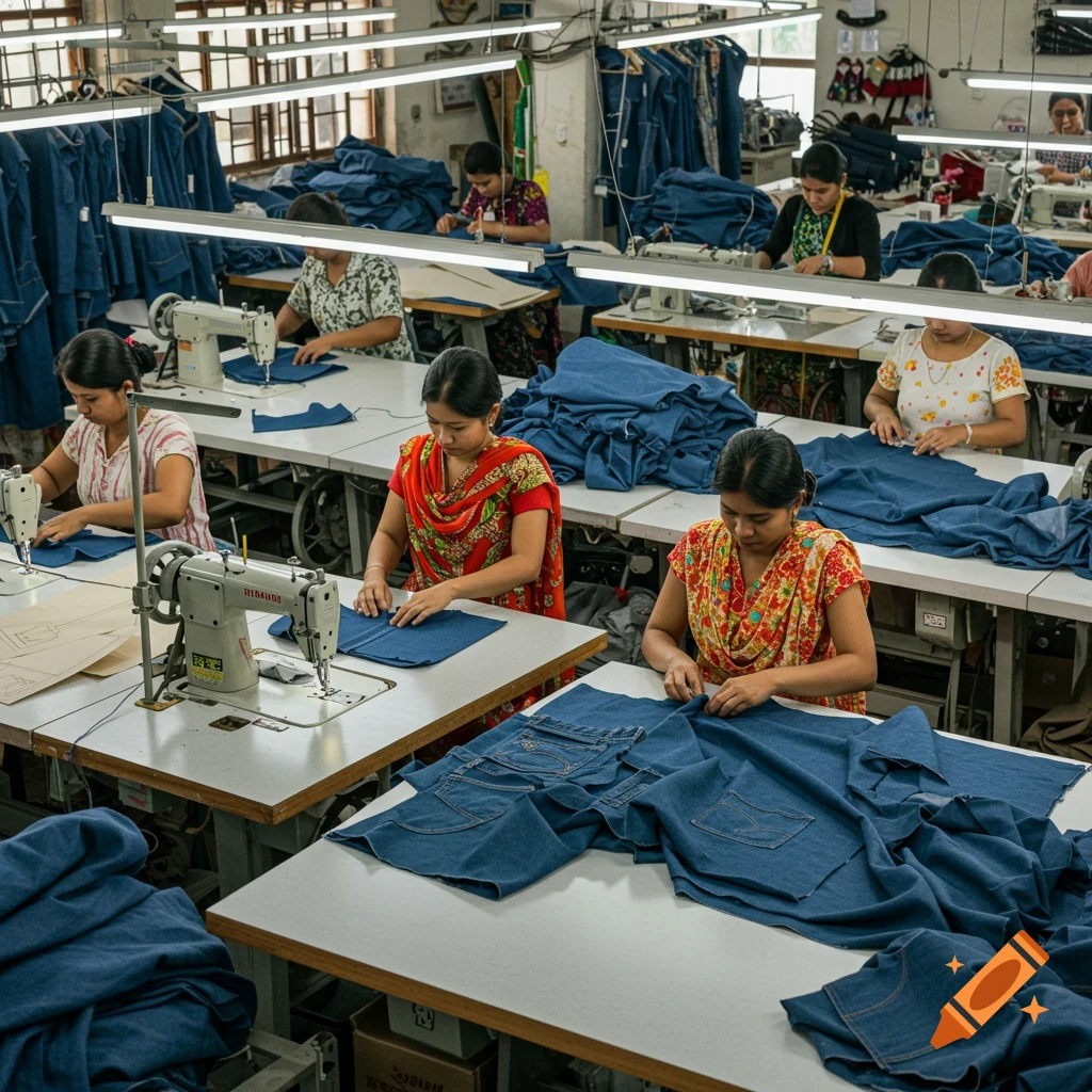 Photorealistic image of women sewing blue denim fabric at industrial machines in a clothing factory in Bangladesh.