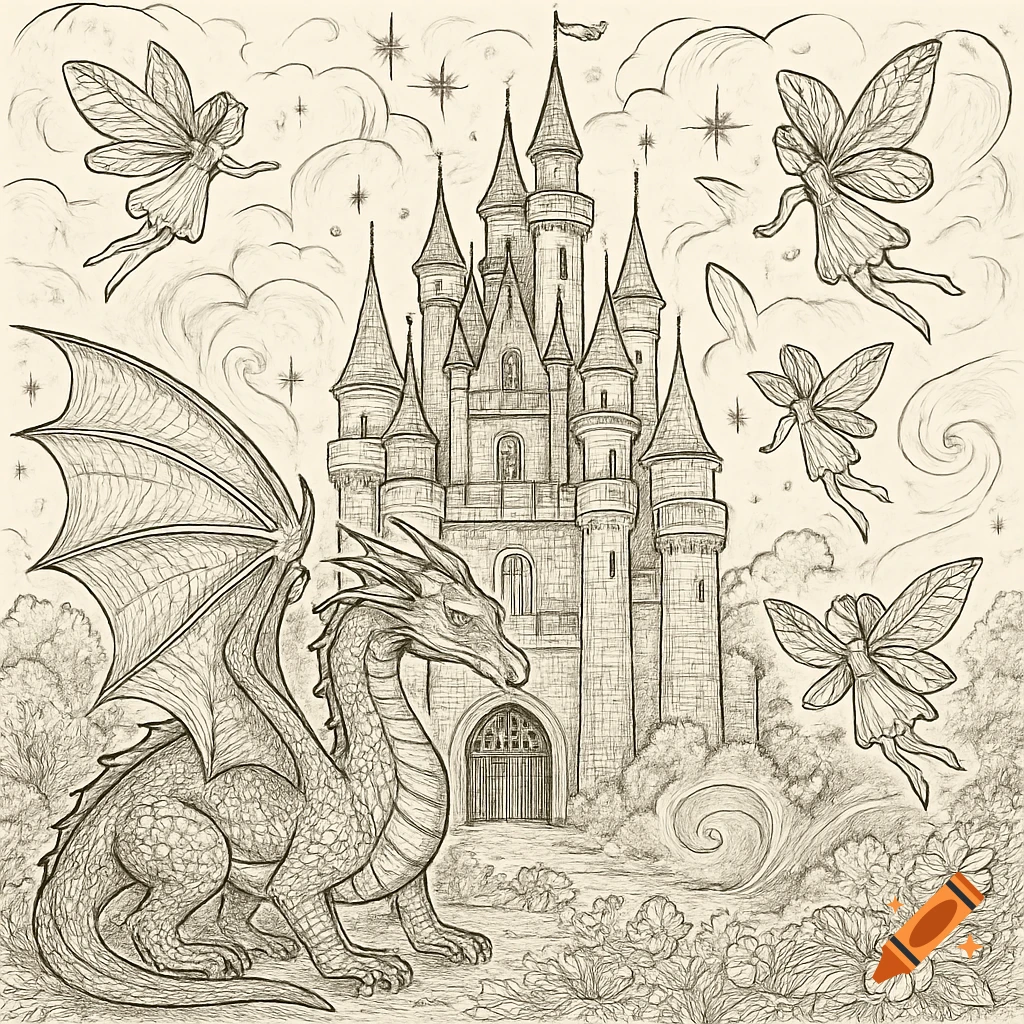 A detailed line art drawing for a coloring book, featuring a majestic fantasy castle, a large dragon, and multiple flying fairies among clouds and stars.