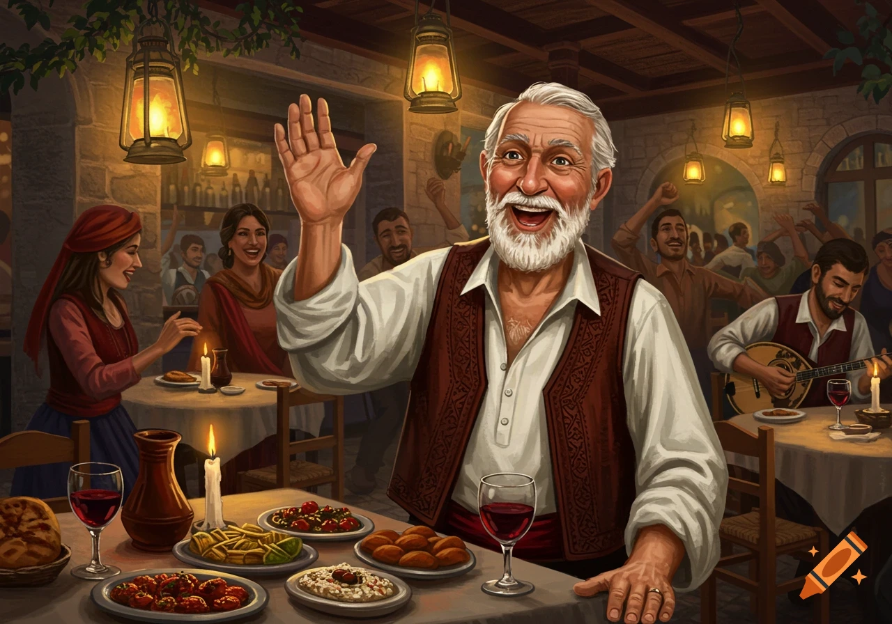 A cheerful elderly man with a white beard waves, smiling in a lively, warm-lit Mediterranean restaurant with food, wine, and music.