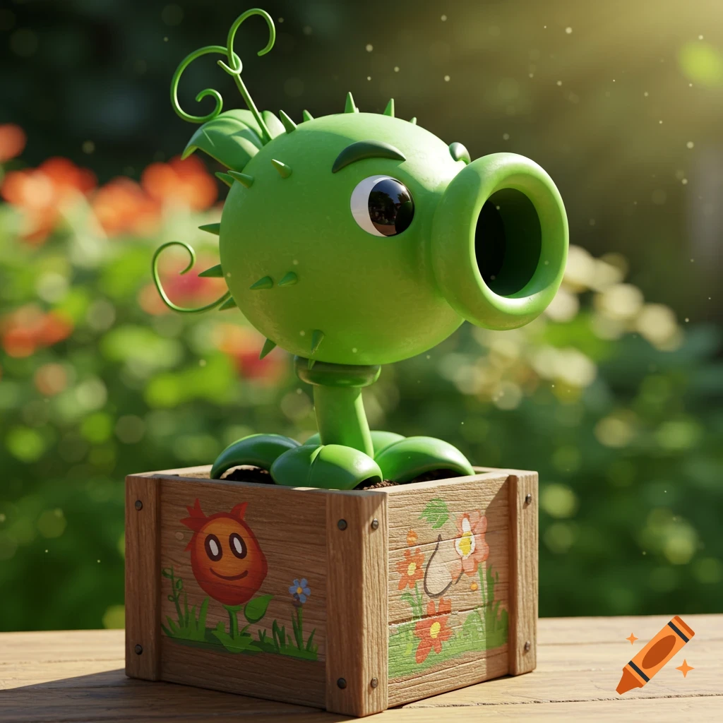 A stylized green Peashooter character from Plants vs. Zombies, in a wooden planter box, against a blurred sunny garden background.