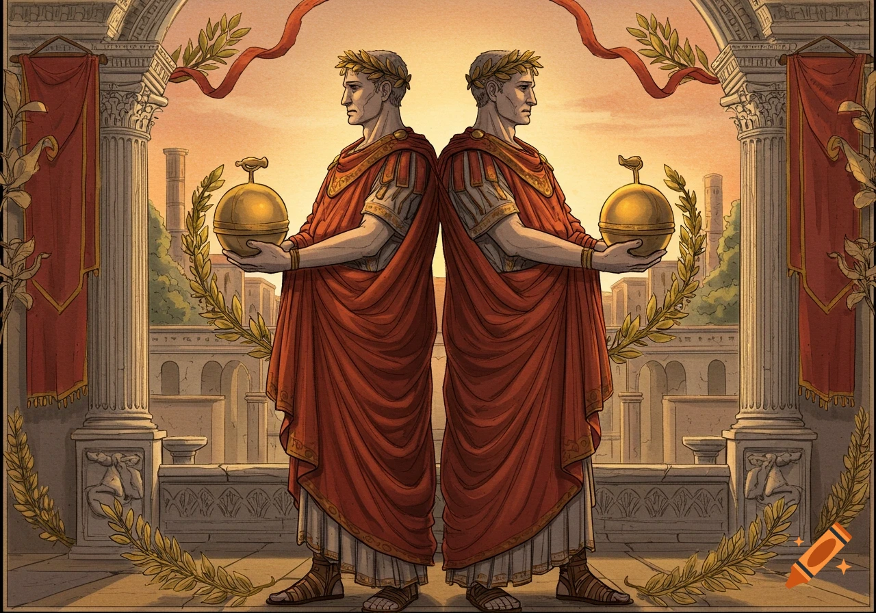 Two Roman emperors in red togas and laurel wreaths stand back-to-back, each holding a golden orb, in a classical architectural setting. Drawing.