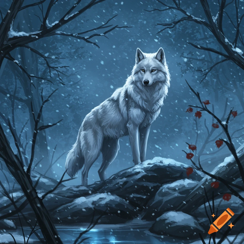 A majestic white wolf stands on snowy rocks in a moonlit, snow-covered forest.