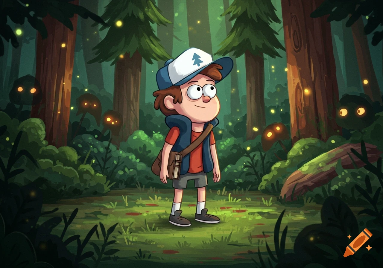 Cartoon character Dipper Pines stands in a dark, enchanted forest glowing with fireflies and hidden creatures.