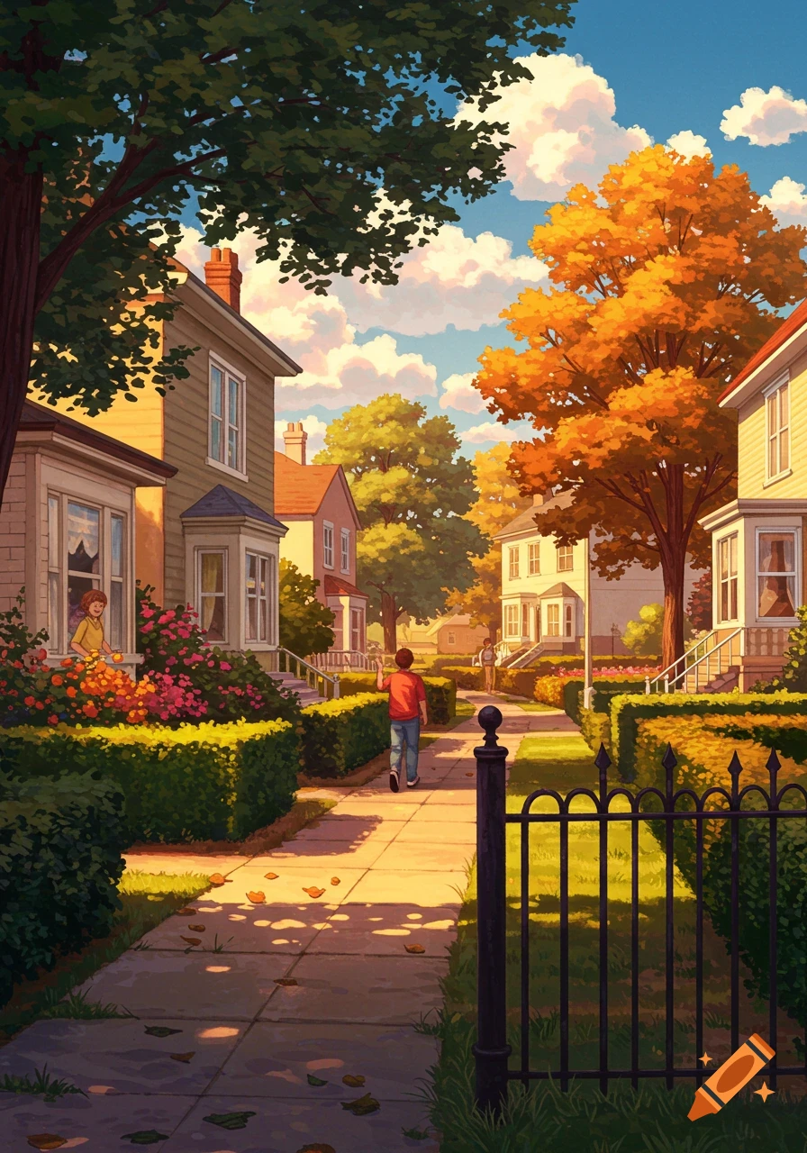 A vibrant illustration of a neighborhood street in autumn, with a person walking down a sidewalk lined with houses and colorful trees.