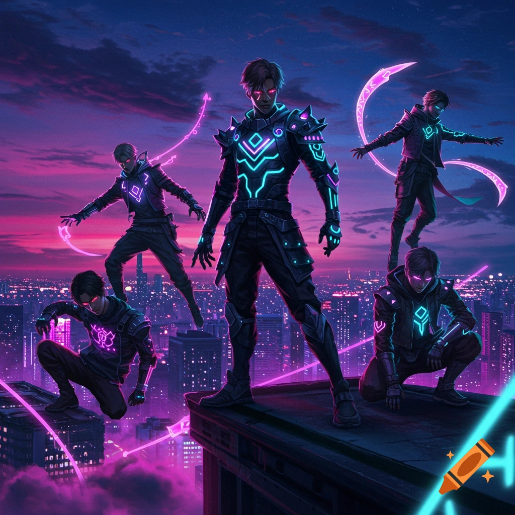 Five stylized figures in glowing neon outfits pose dramatically on a city rooftop at night, overlooking a futuristic skyline.