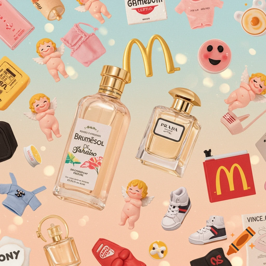 An overhead view of various floating items on a light blue and orange background. Items include Sonny Angels, perfume bottles (Prada, Brum ésol de Janeiro), mini clothing, a McDonald's logo, a tiny pair of sneakers, and other accessories. The style is whimsical and vibrant.