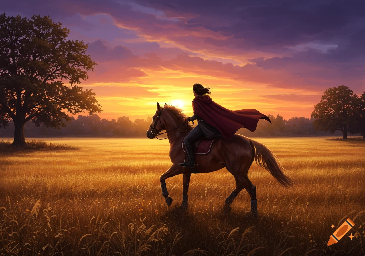 A person in a red cloak rides a horse through a golden field at sunset. Digital painting.