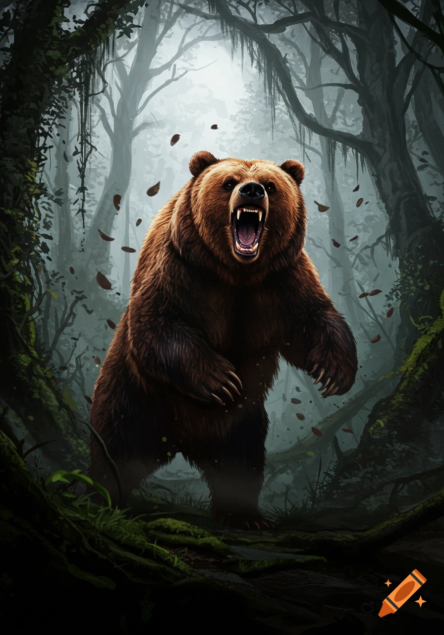 A fierce brown bear stands on its hind legs and roars in a dark, misty forest with falling leaves, in a detailed digital illustration.