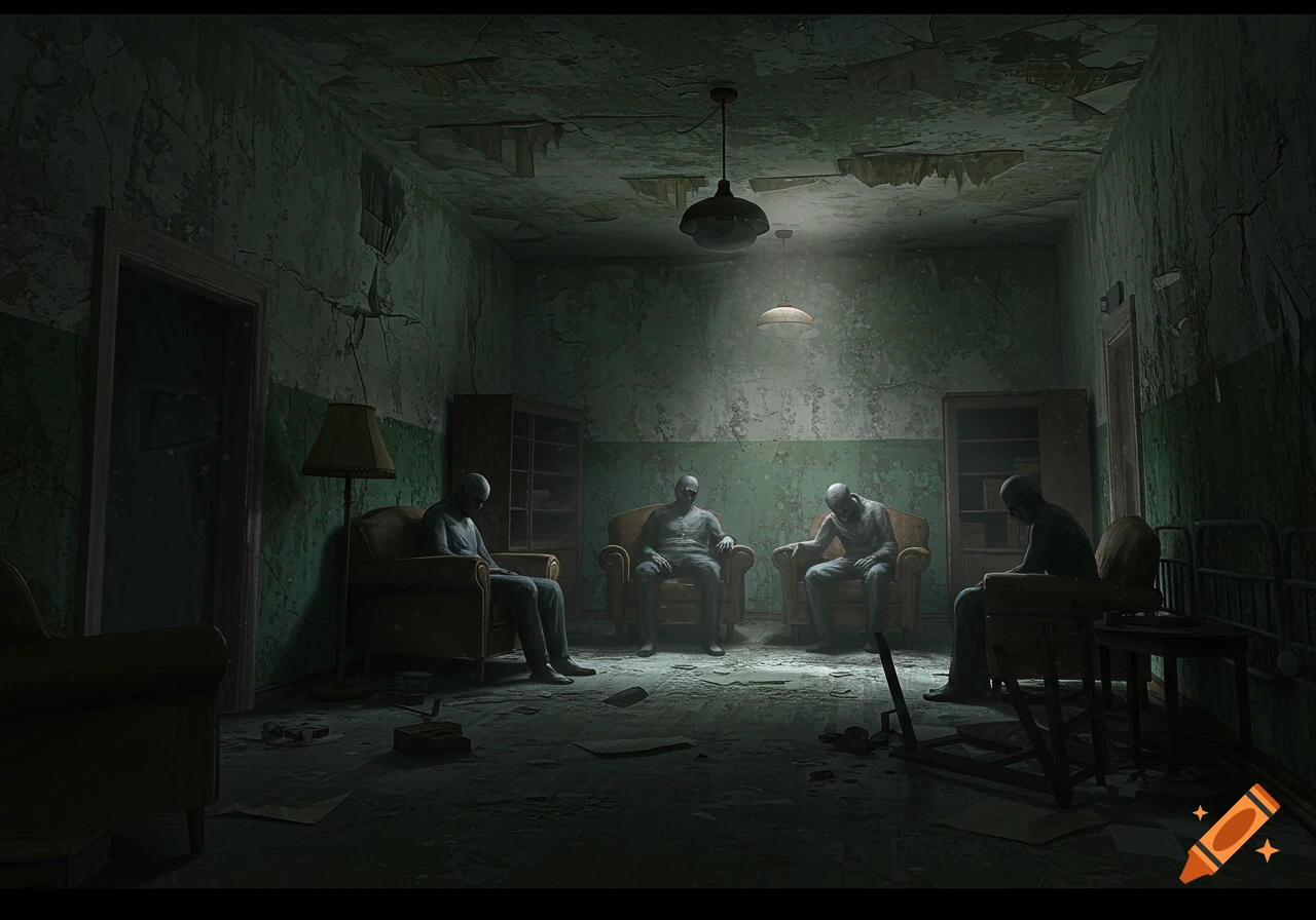 Four gaunt figures sit in a decaying, dark green room with peeling walls, illuminated by a dim overhead light. Dark fantasy style.