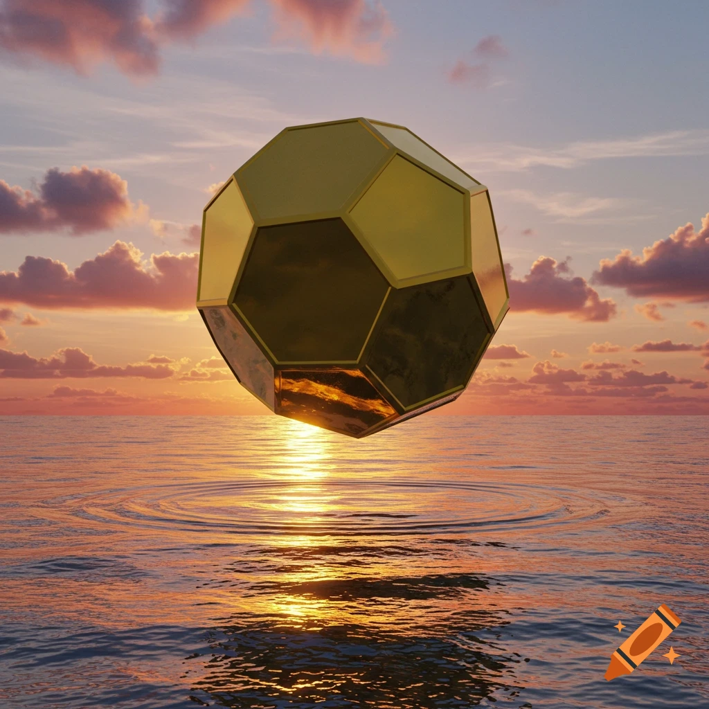 A gold dodecahedron floats above the ocean at sunset, with reflections on its surface and the water.