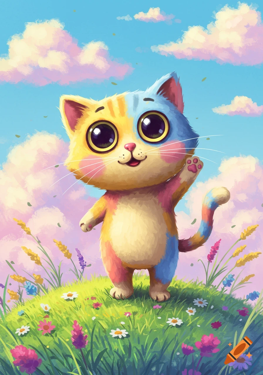 A vibrant, cute cartoon cat with big eyes waves in a colorful, flowery field under a blue sky with pink clouds.