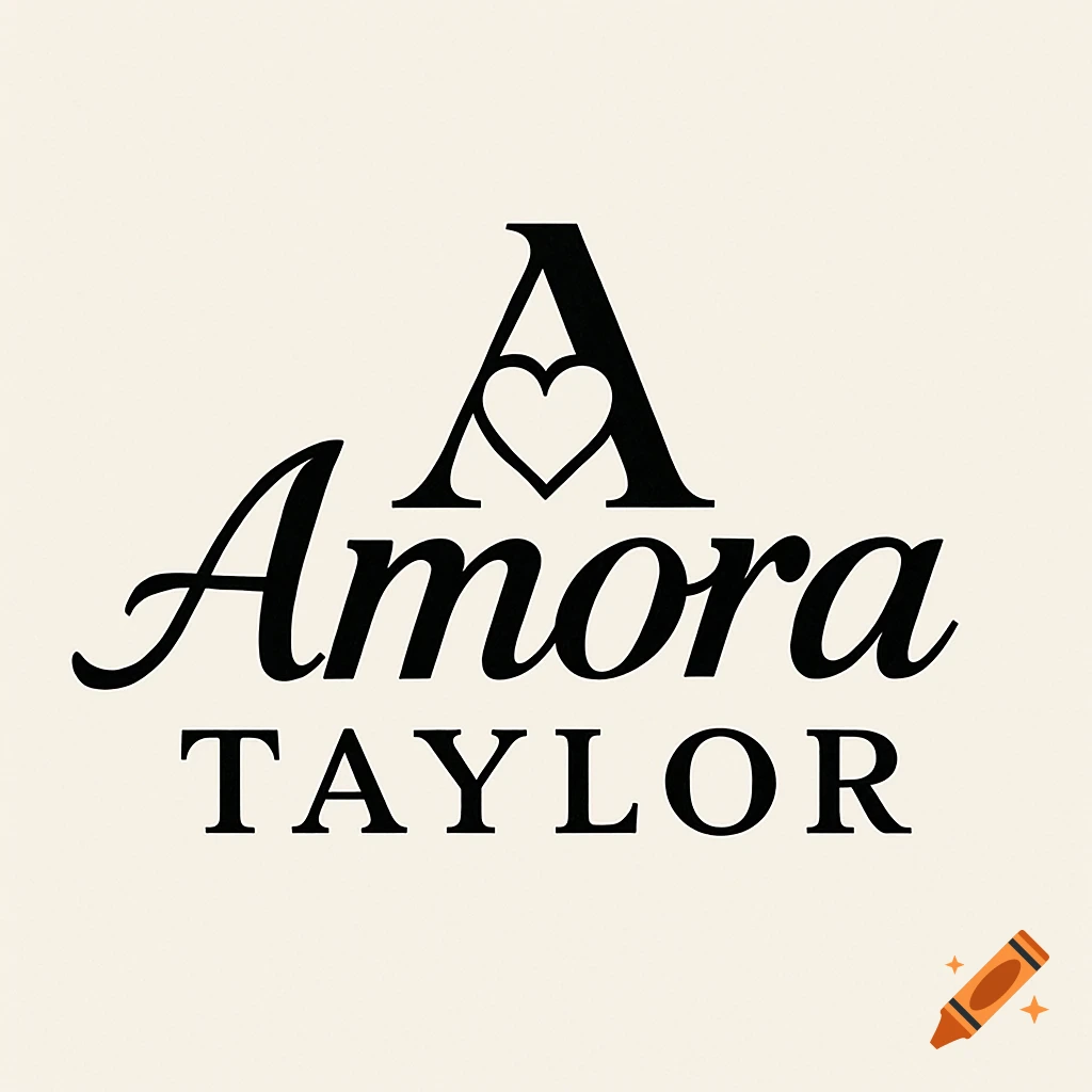 Black text logo for 'Amora Taylor' with a heart replacing the crossbar in the capital 'A'.