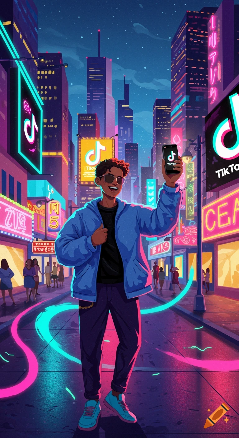 A smiling man in sunglasses and a blue jacket holds up a phone with the TikTok logo in a vibrant, neon-lit city street at night.