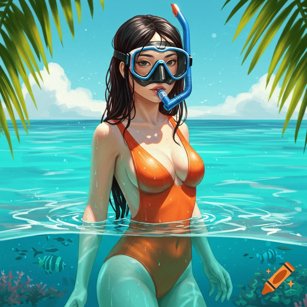 A stylized illustration of a Japanese woman wearing an orange swimsuit and diving mask, waist-deep in clear blue tropical water with coral and fish.