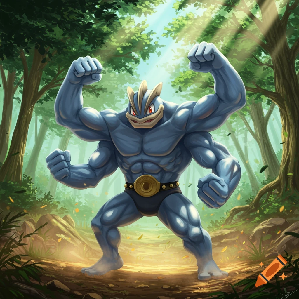 A muscular, four-armed blue Machamp Pokémon flexes its arms in a vibrant, sun-dappled forest.