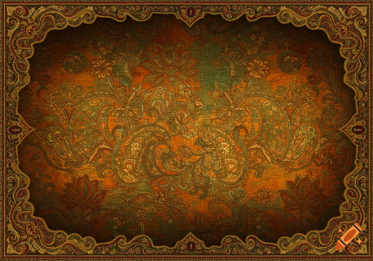 Vintage Indian-style tapestry with ornate floral and paisley patterns in rich gold, green, and red, framed by an intricate border.