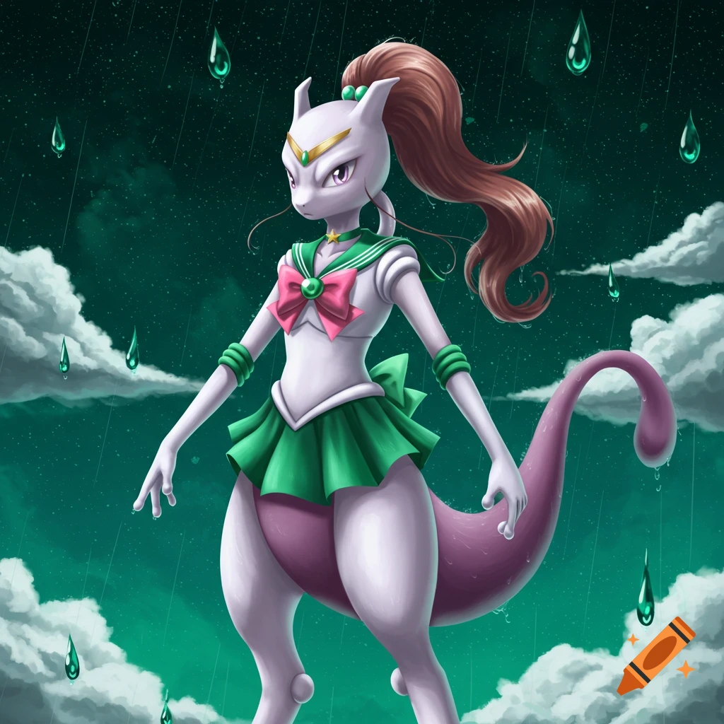 Mewtwo cosplaying as Sailor Jupiter in a green and white Sailor Scout uniform under a rainy, starry green sky with clouds.