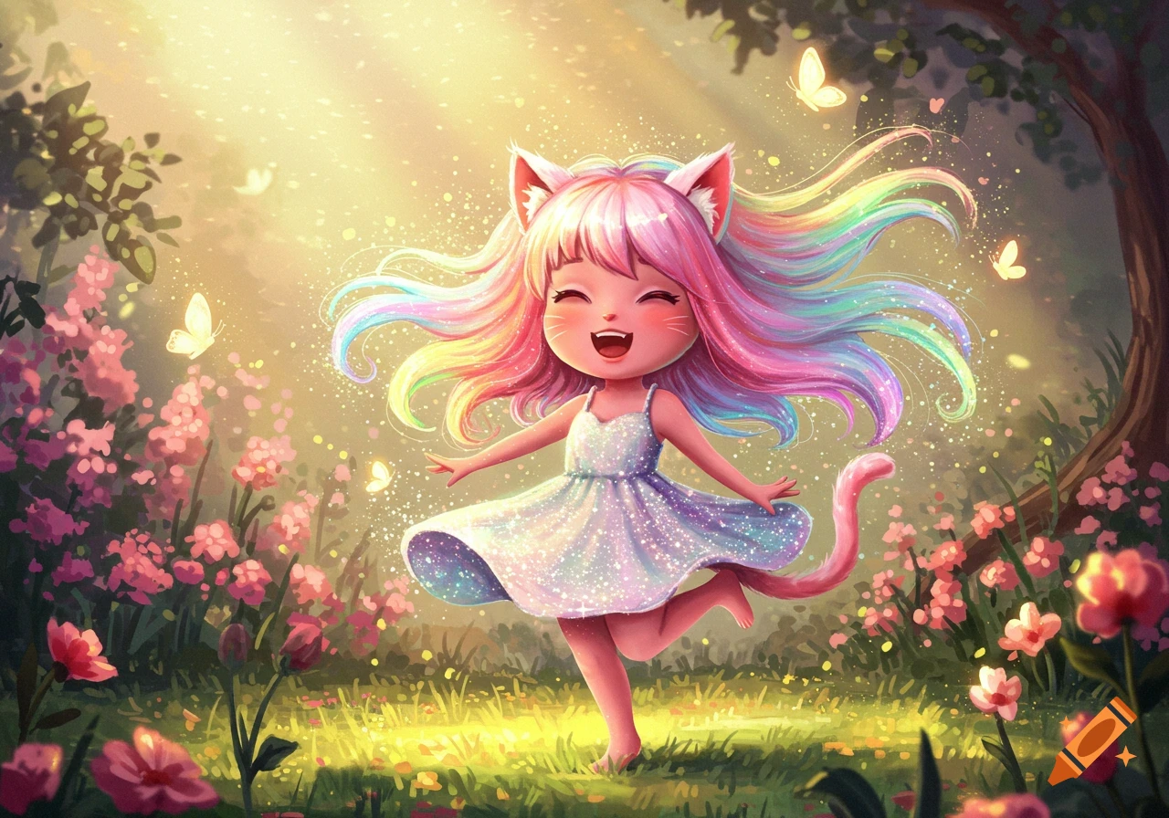 A cute, stylized cat-girl with rainbow hair and a sparkly dress dances happily in a sunny, magical meadow with pink flowers and butterflies.