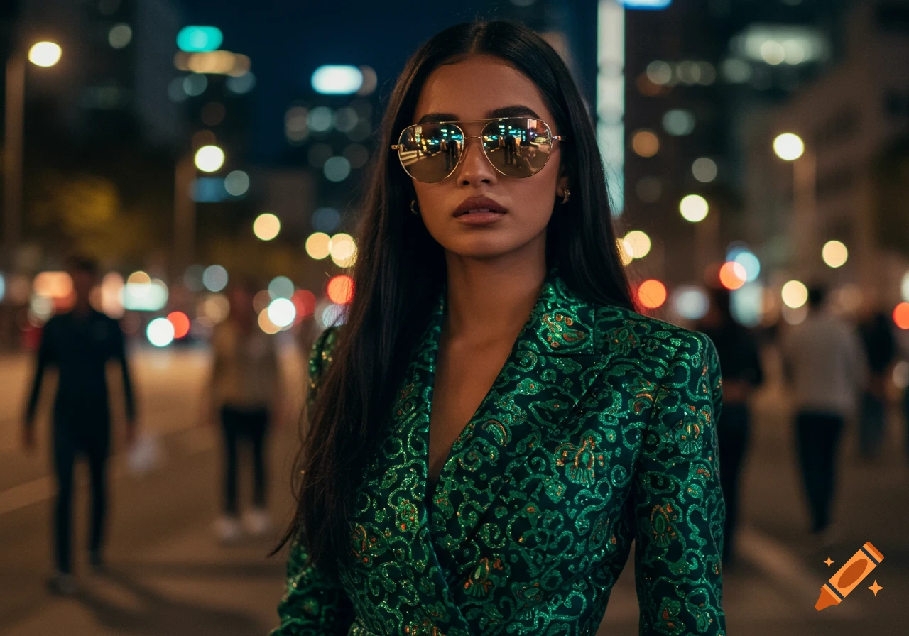 A stylish woman with long dark hair and aviator sunglasses wearing a sparkling green patterned jacket stands on a city street at night with bokeh lights.