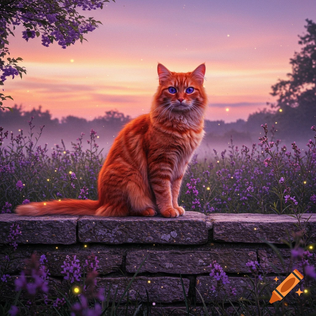 A fluffy orange cat with blue eyes sits on a stone wall among purple flowers under a sunset sky with glowing specks.