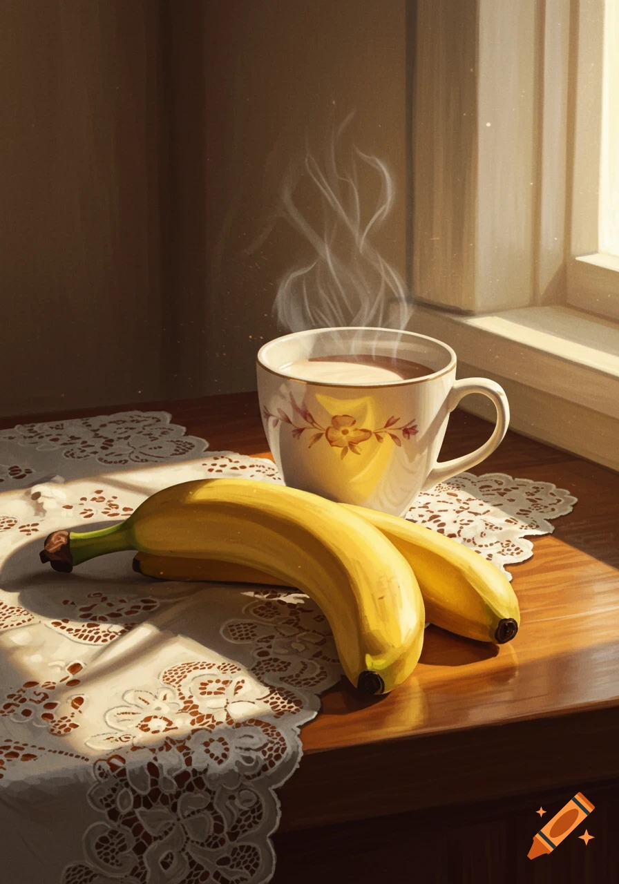 Painterly illustration of a steaming cup of tea and two bananas on a lace tablecloth by a sunny window.