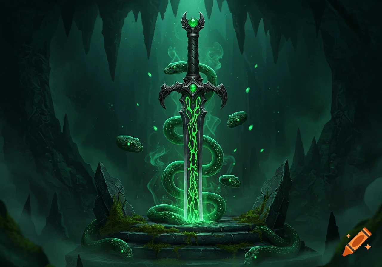 A glowing green fantasy sword with an ornate hilt on a mossy stone pedestal in a dark cave, surrounded by green snakes and mist.
