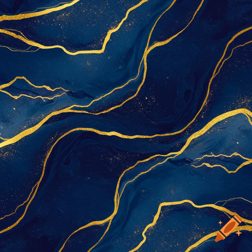 Abstract deep blue marble pattern with shimmering gold veins and glitter throughout.