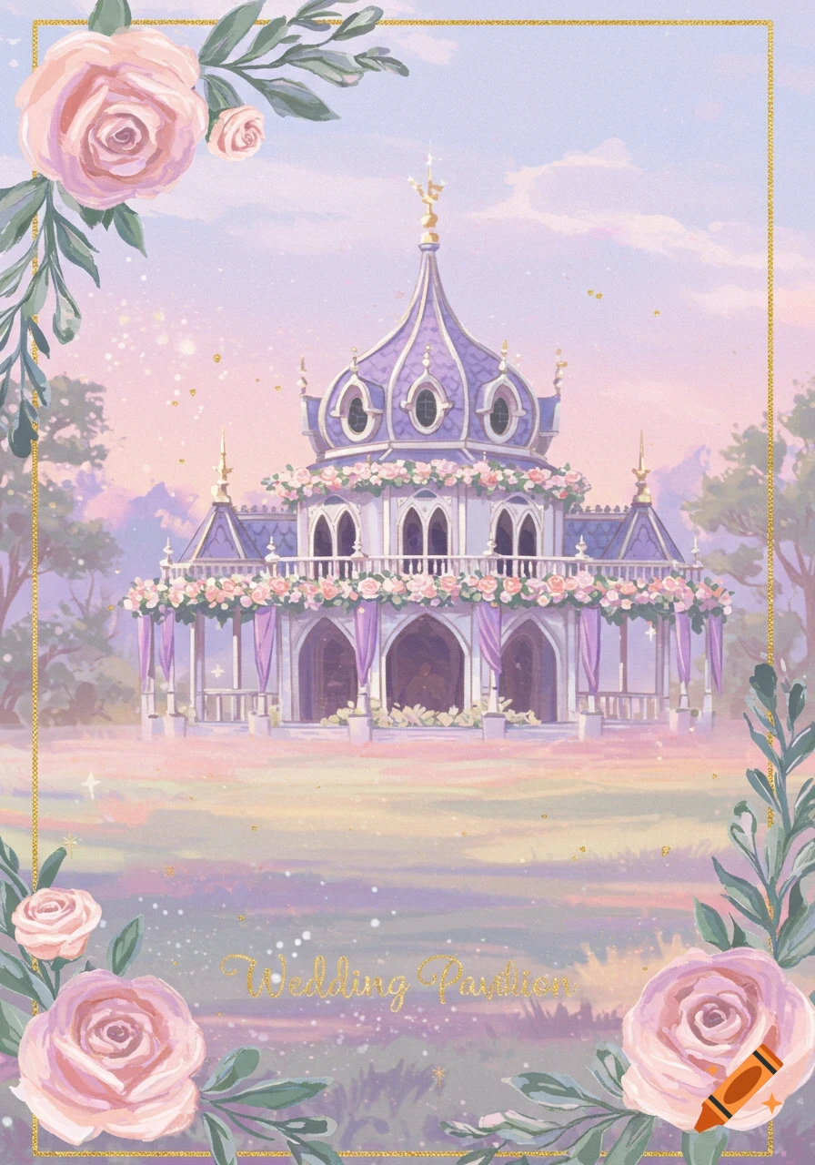 A whimsical, pastel watercolor illustration of a purple wedding pavilion adorned with pink roses and greenery, under a sparkling, soft sky.