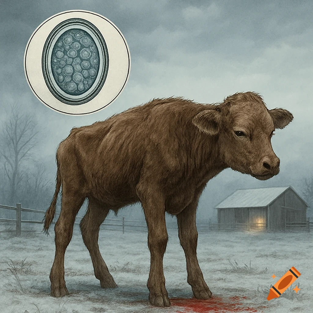 A brown calf stands in a bleak, snowy field with a small puddle of blood on the ground. An inset circle shows a microscopic view of oocysts.