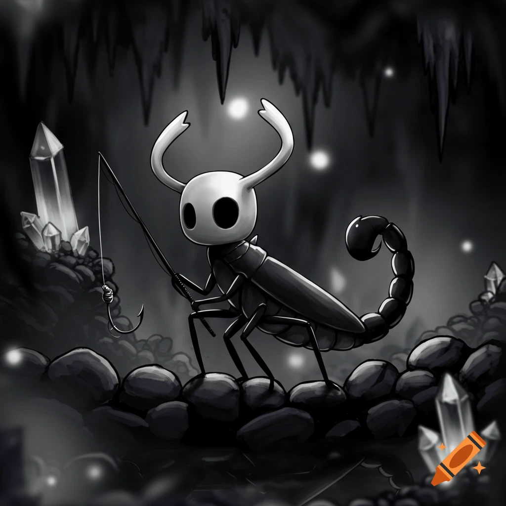 A black and white stylized bug with a white mask-like head and antlers, holding a fishing rod with a hook in a dark cave with crystals.