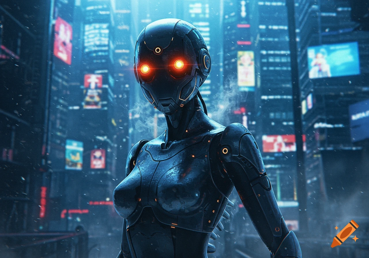 Dark, sleek robot with glowing orange eyes in a rainy, neon-lit cyberpunk city at night.