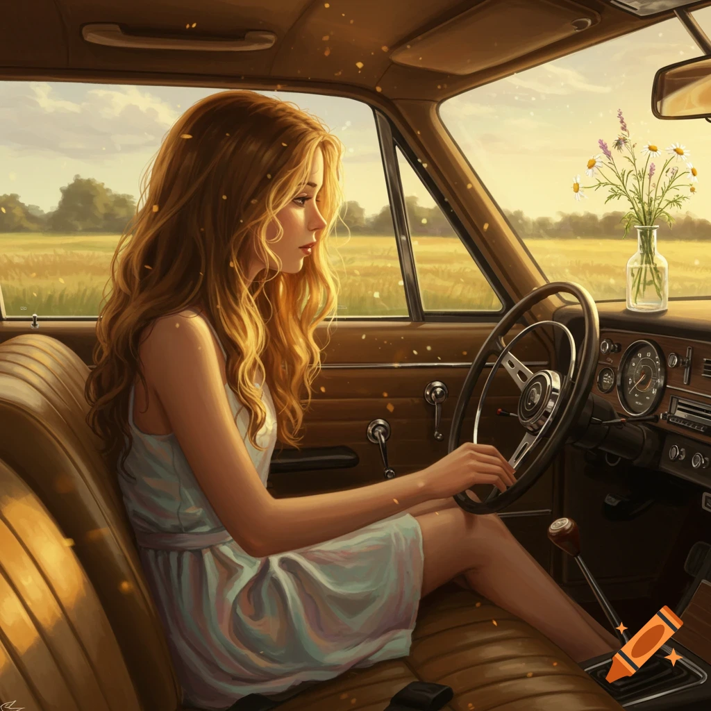 An illustrated image of a girl with long blonde hair sitting in a vintage car, with her hand on the steering wheel, looking out at a sunlit field.