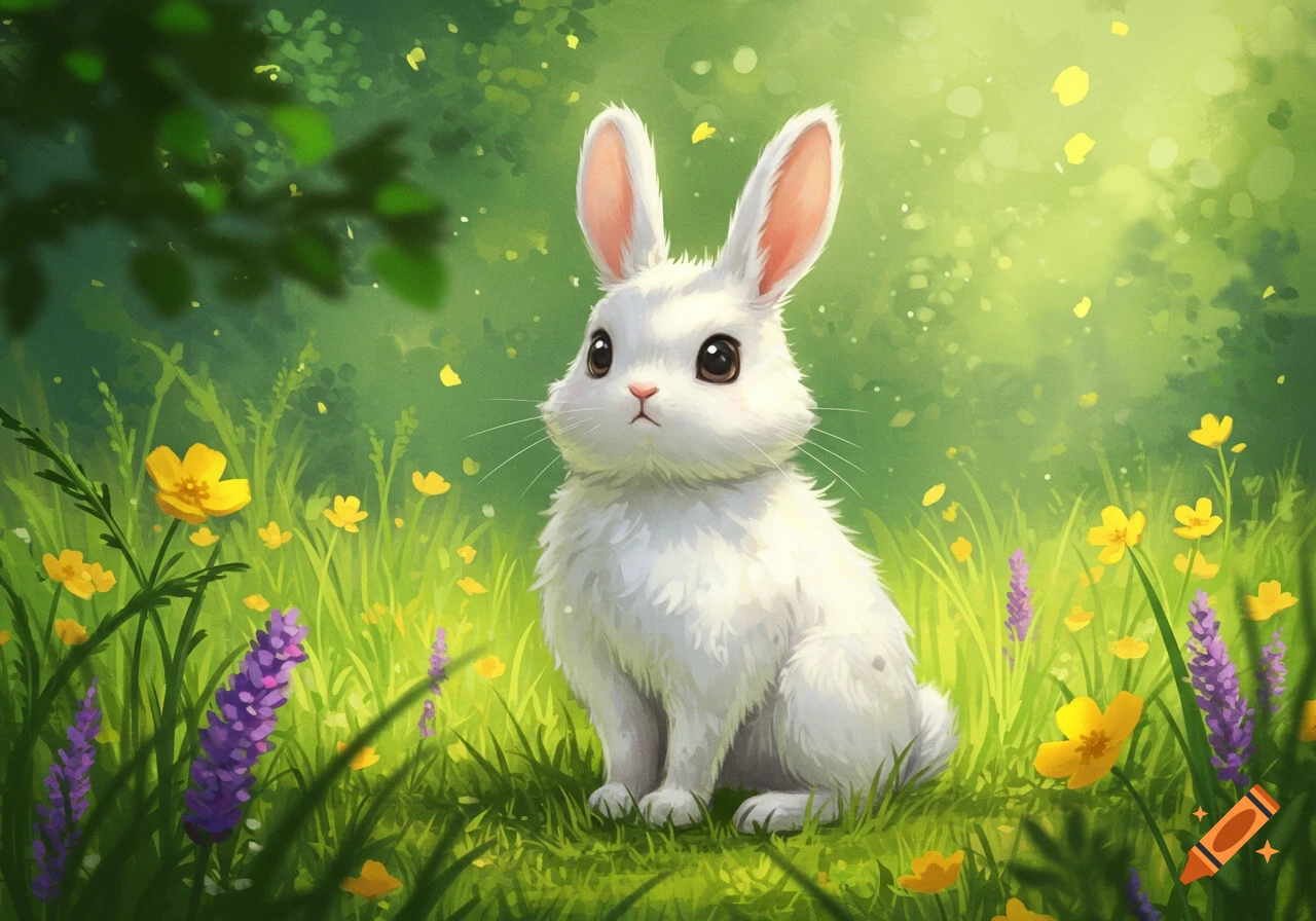 A cute, fluffy white rabbit with big ears and brown eyes sits in a vibrant green field with yellow and purple wildflowers, in an illustration style.