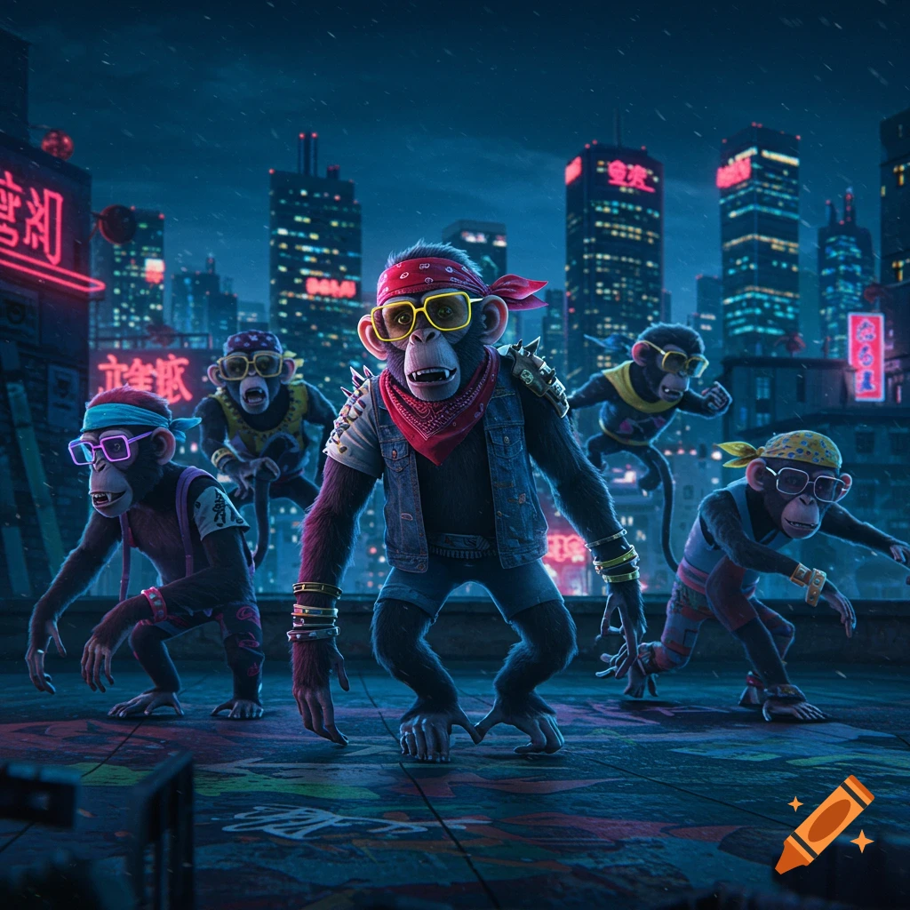 Five stylized monkeys with bandanas and sunglasses on a wet city rooftop at night, with neon-lit skyscrapers in the background.