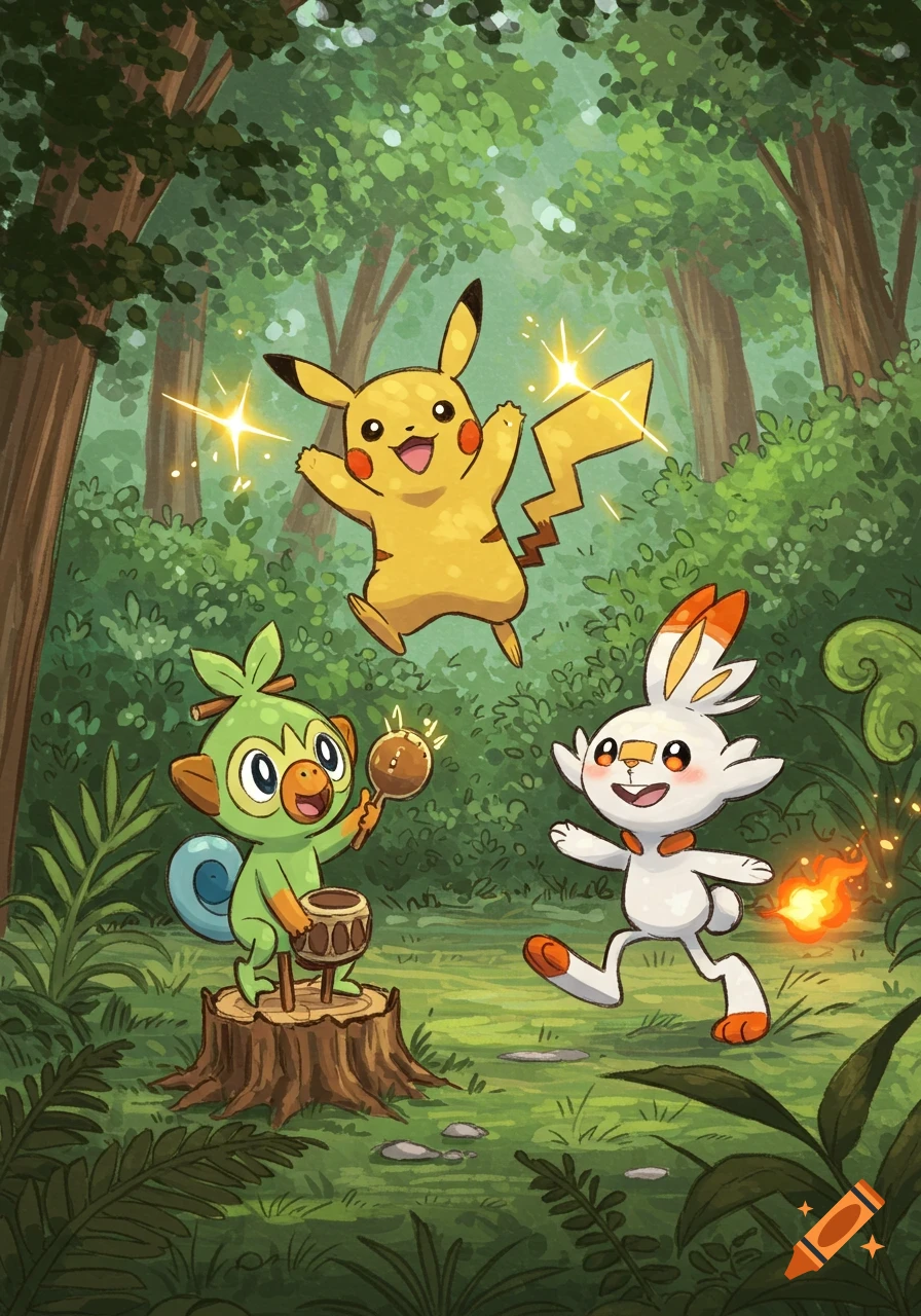 Cartoon illustration of Pikachu, Grookey, and Scorbunny playing in a lush forest.