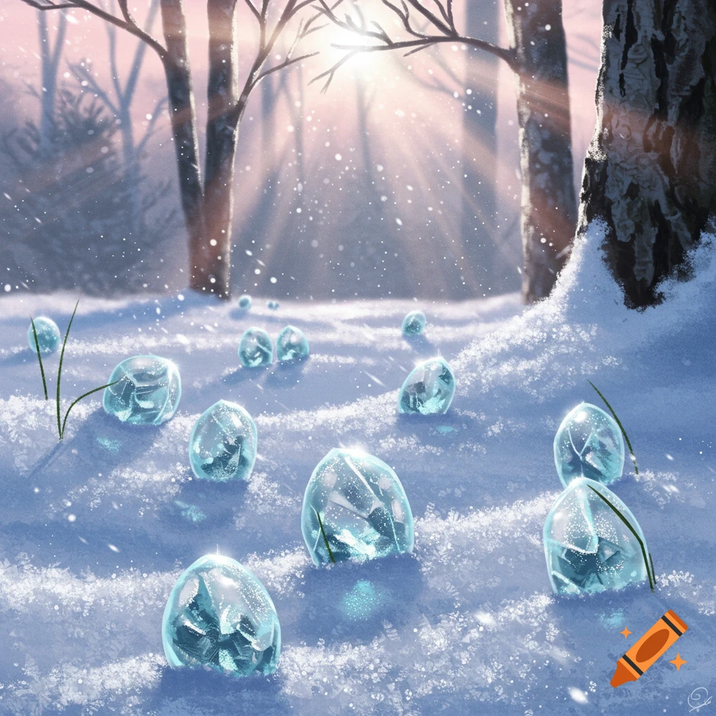 A digital painting of a snowy winter forest scene with sunlight beaming through trees and glowing blue ice crystals partially buried in the snow.