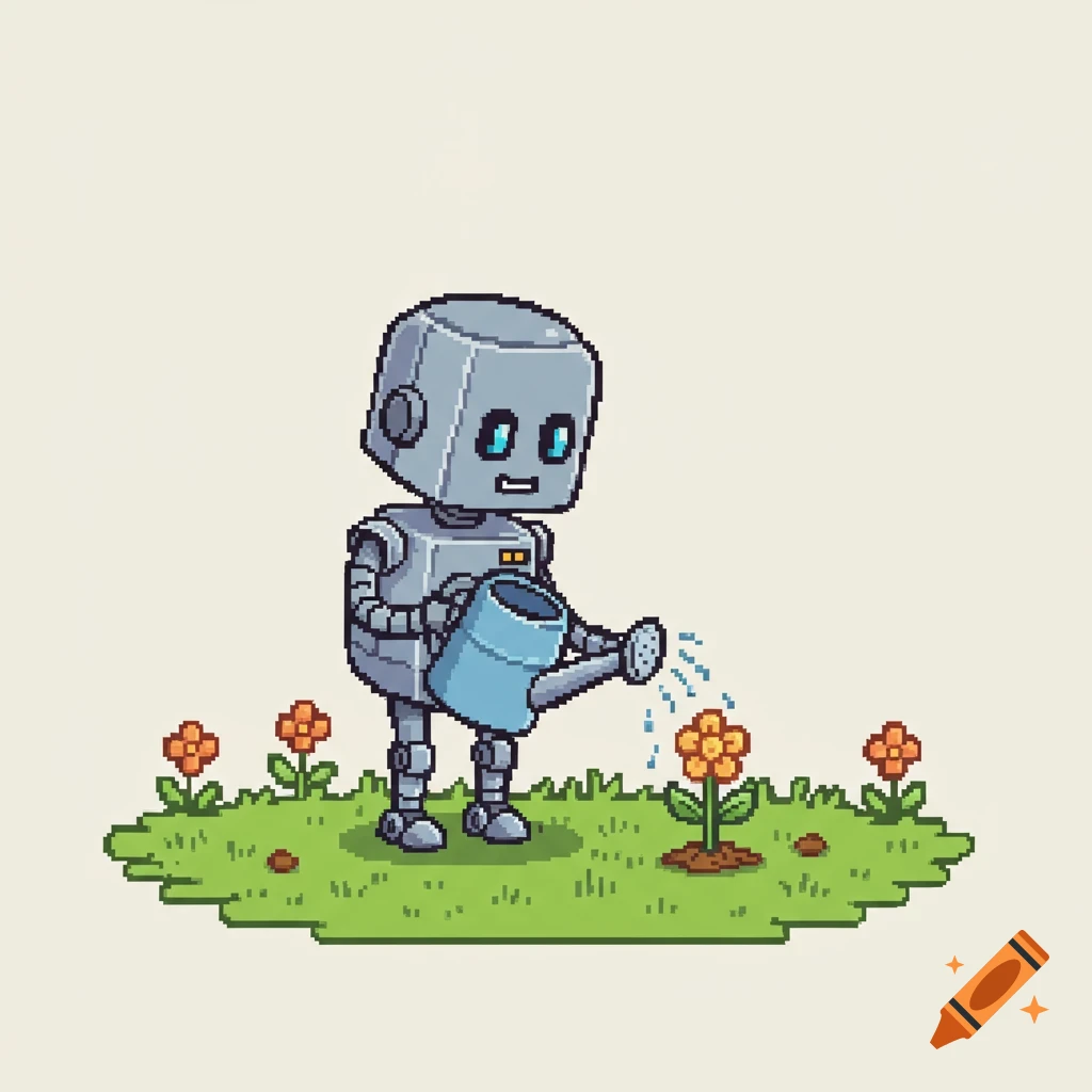 A cute pixel art robot waters a flower in a simple garden.