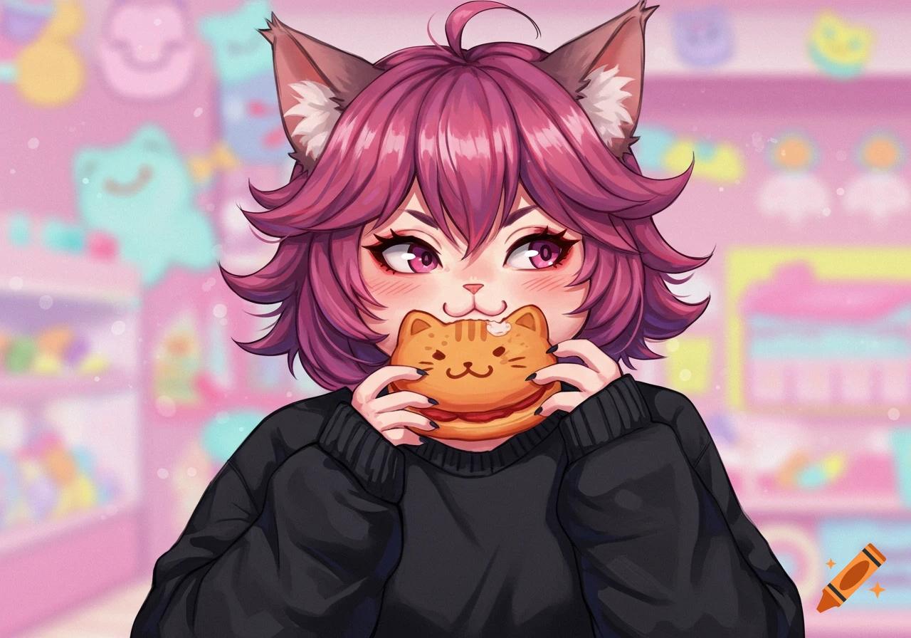 Anime cat girl with pink hair in a black sweater eating a cat-shaped bun in a pastel pink kawaii setting.