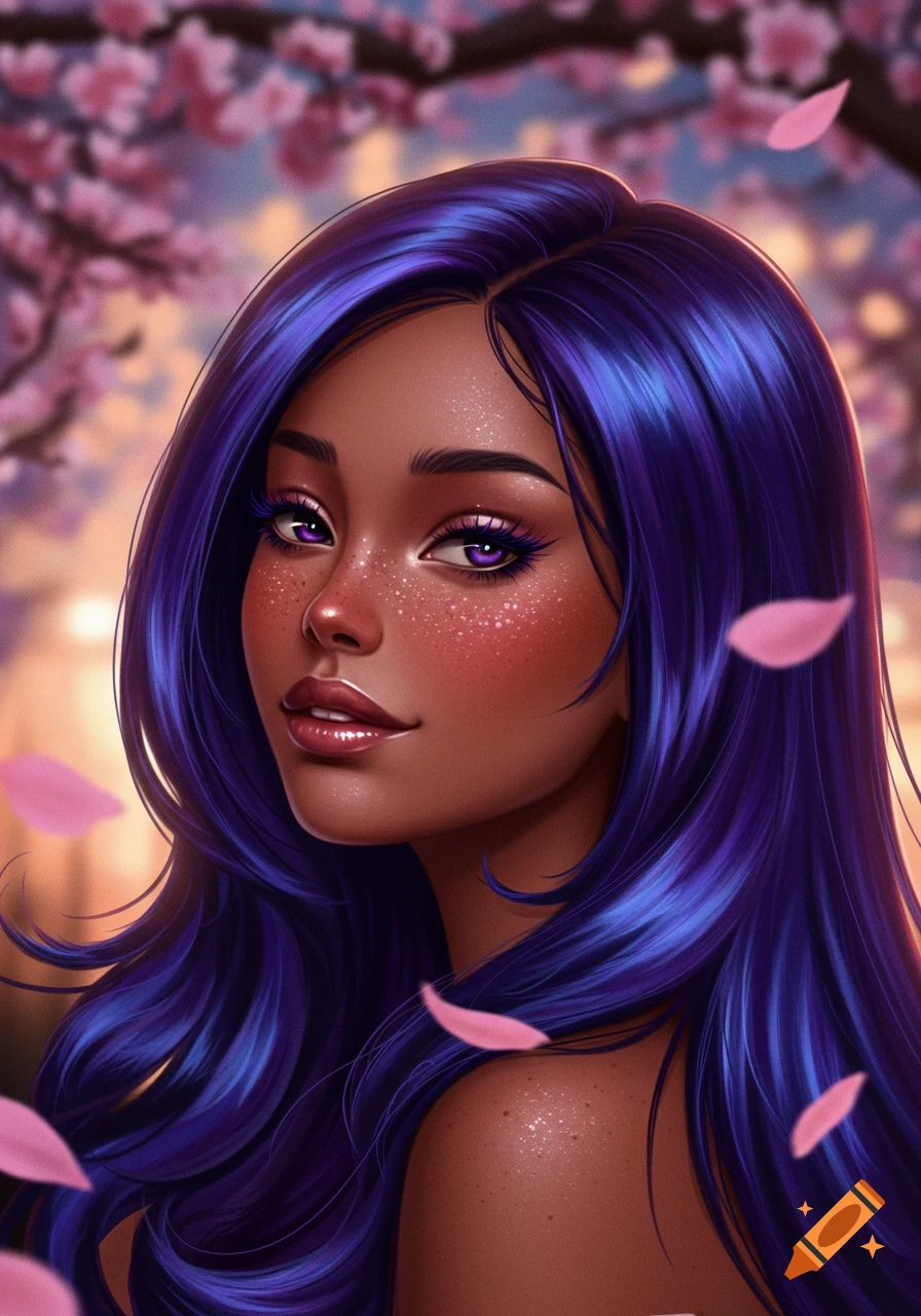 An anime portrait of a brown-skinned woman with purple hair, purple eyes, freckles, and lipstick, with cherry blossoms in the background.