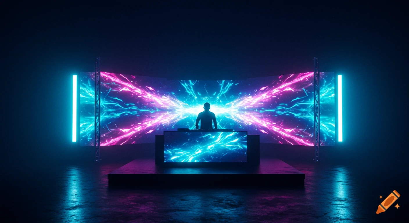 Silhouette of a DJ performing on a dark stage with vibrant, glowing neon pink and blue LED screens displaying abstract patterns.