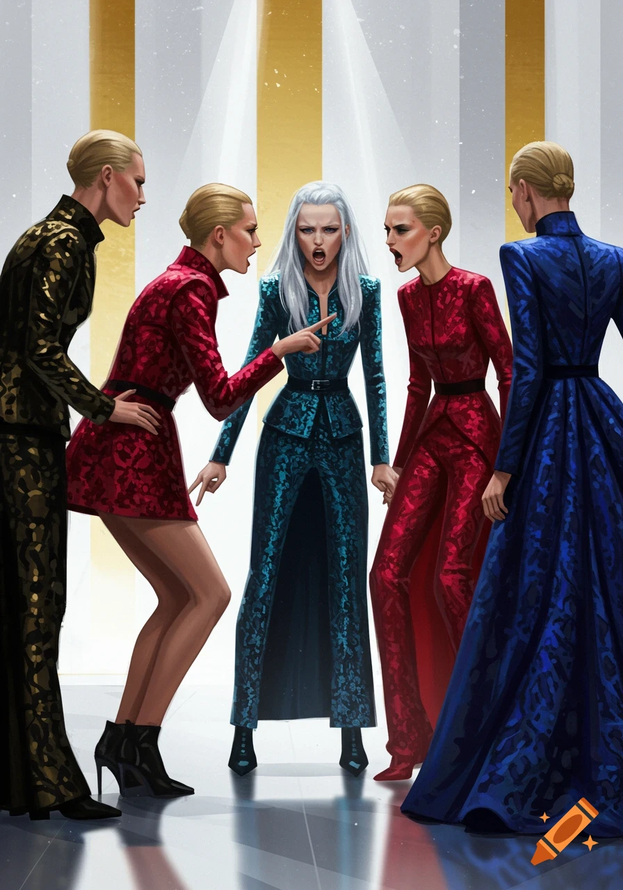 Five fashion models in ornate, patterned dresses, four blonde and one white-haired, engaged in a heated debate in an illustrative style.