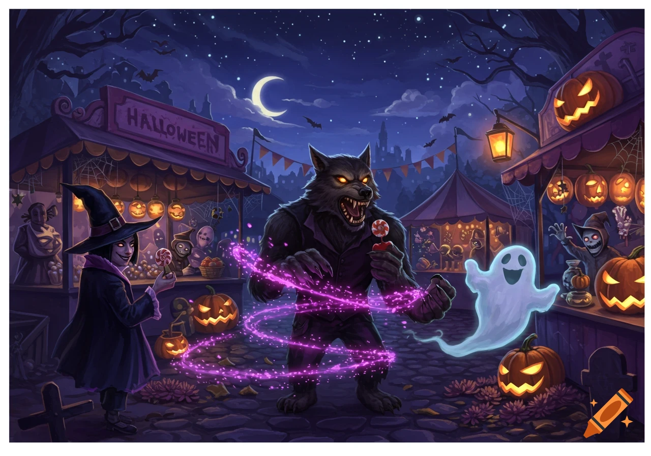 A werewolf, witch, and ghost at a spooky Halloween fair with jack-o'-lanterns and purple magic, in an illustration.