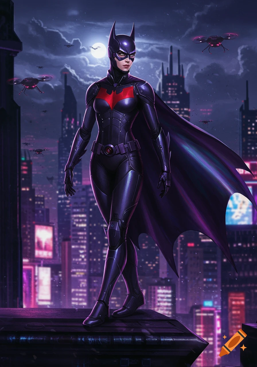 A female superhero in a black and purple Batman Beyond suit stands on a city rooftop at night, with neon-lit buildings and drones.